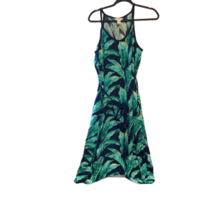 Tommy Bahama cotton tropical leafes sleeveles shark bite hem midi dress sz L
